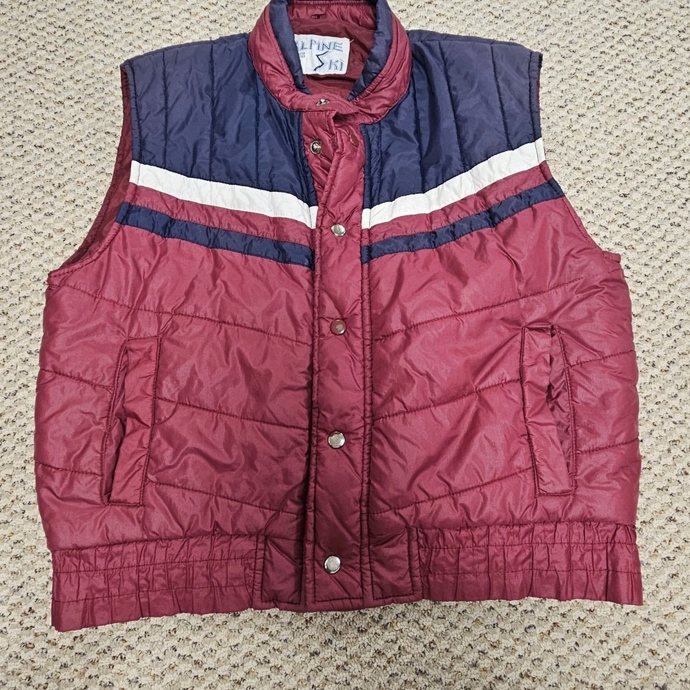 VTG 70s Alpine Ski Puffer Vest Snap Front Nylon Quilted Maroon Blue‎